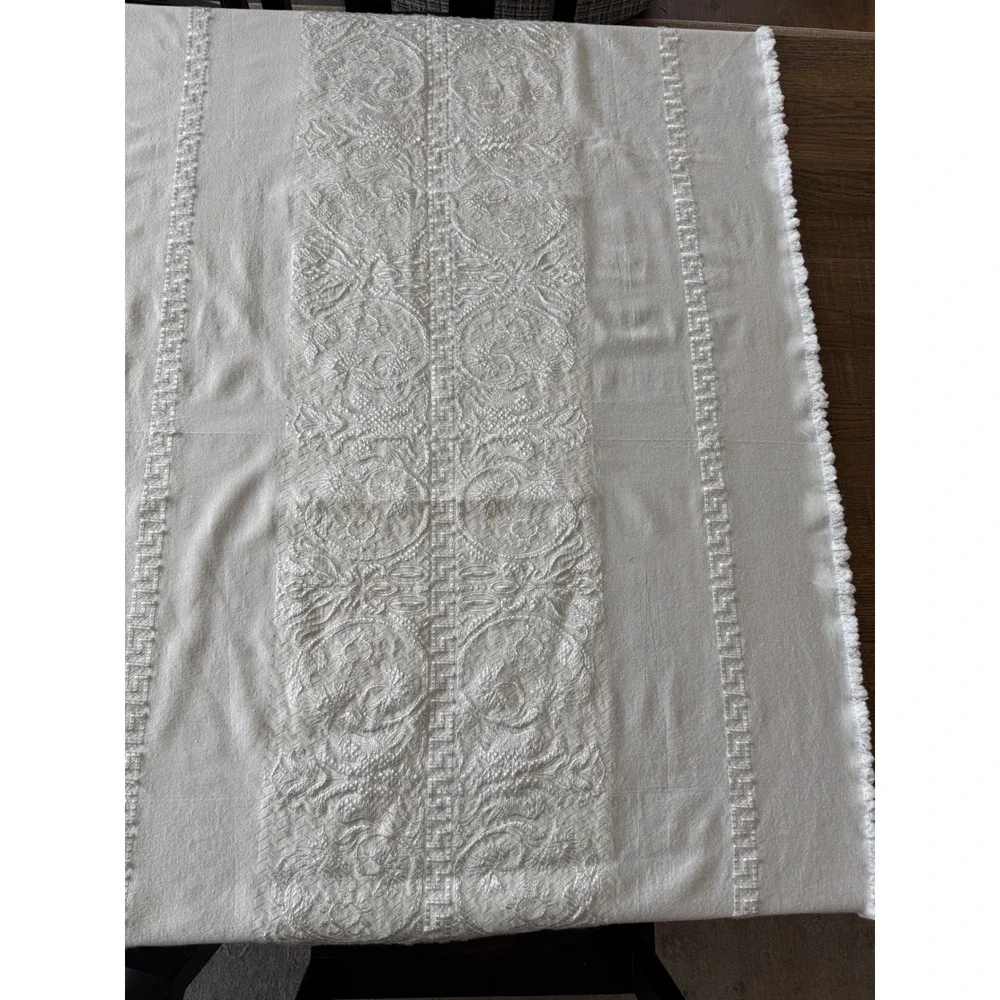 Vintage White Embroidered Tablecloth 56x74 Greek Key Floral Scrollwork Rectangle